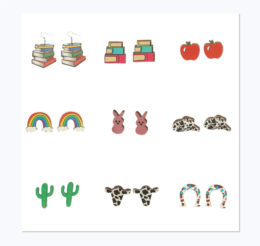Wholesales Multiple Cute Animal Wooden Stud Earrings Mini Cow Butterfly Rabbit Duck Mushroom Rainbow Earrings to My Daughter