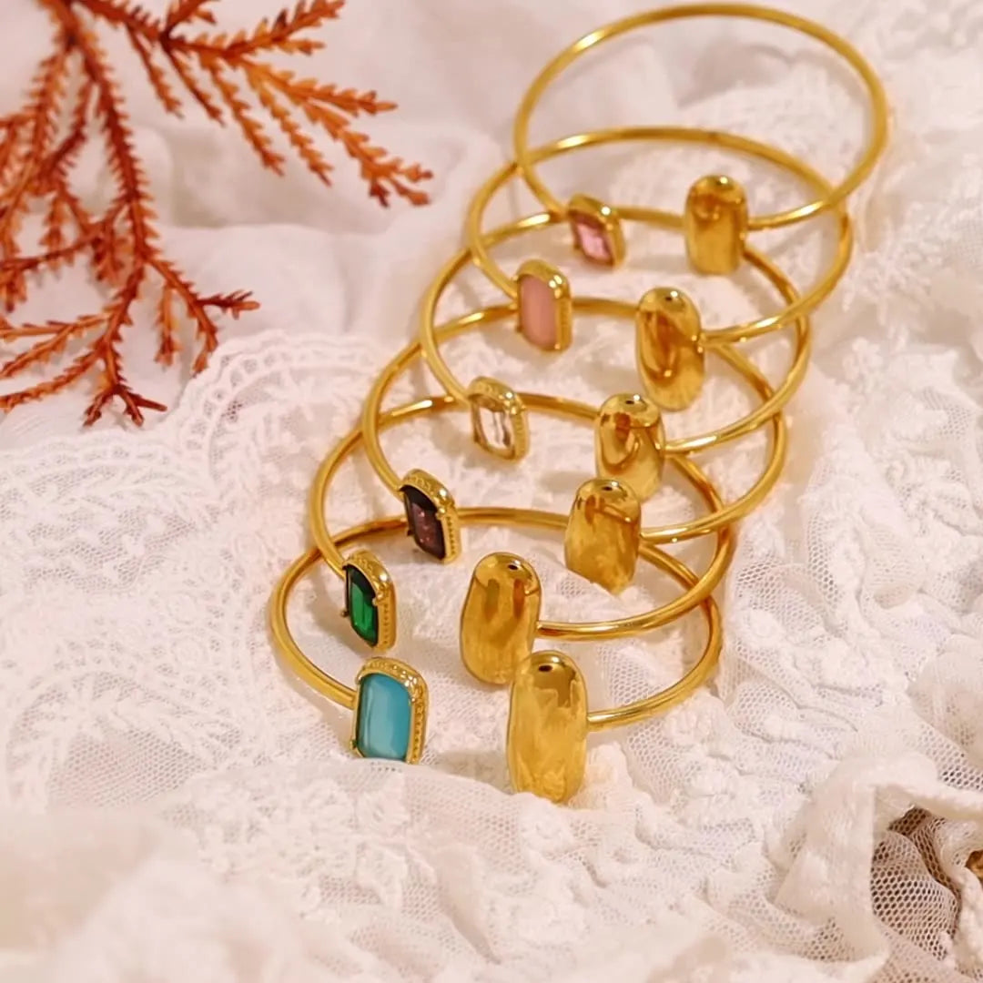 Summer Colorful Stone Jewelry Set Women Thick Wire Color Zirconia CZ Adjustable Cuff Bracelet with Stones