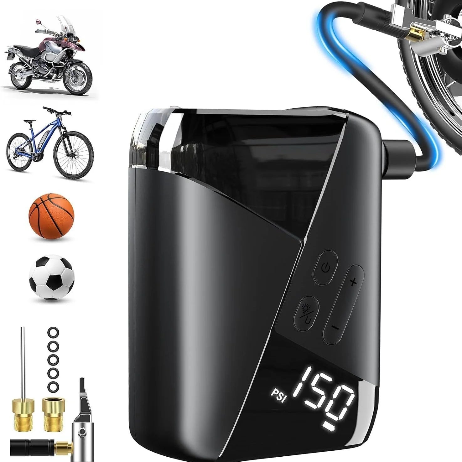 Electric Bike Tire Pump Max 150 PSI Rechargeable 3000mAh Portable Mini Automatic Plastic Air Pump for Bicycle Motorcycle Tire