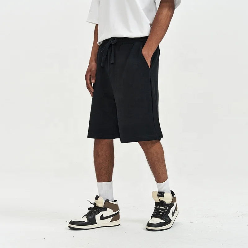 Men's Heavy Cotton Cargo Shorts 100% Cotton Summer Casual Loose Fit Drawstring Sports Pants Solid Color Anti-Wrinkle Shorts