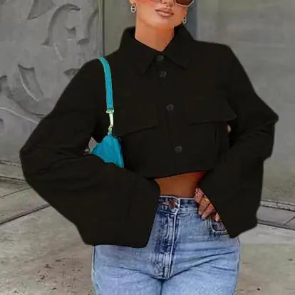S-XL New Autumn Shirts From Europe and America Fashionable Solid Color Pocket Short Design Commuting Shirt
