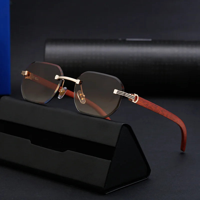 2024 New European American Polygon Sunglasses UV400 Wood Grain Leg Sunscreen Men Women Transparent/Brown Fashionable