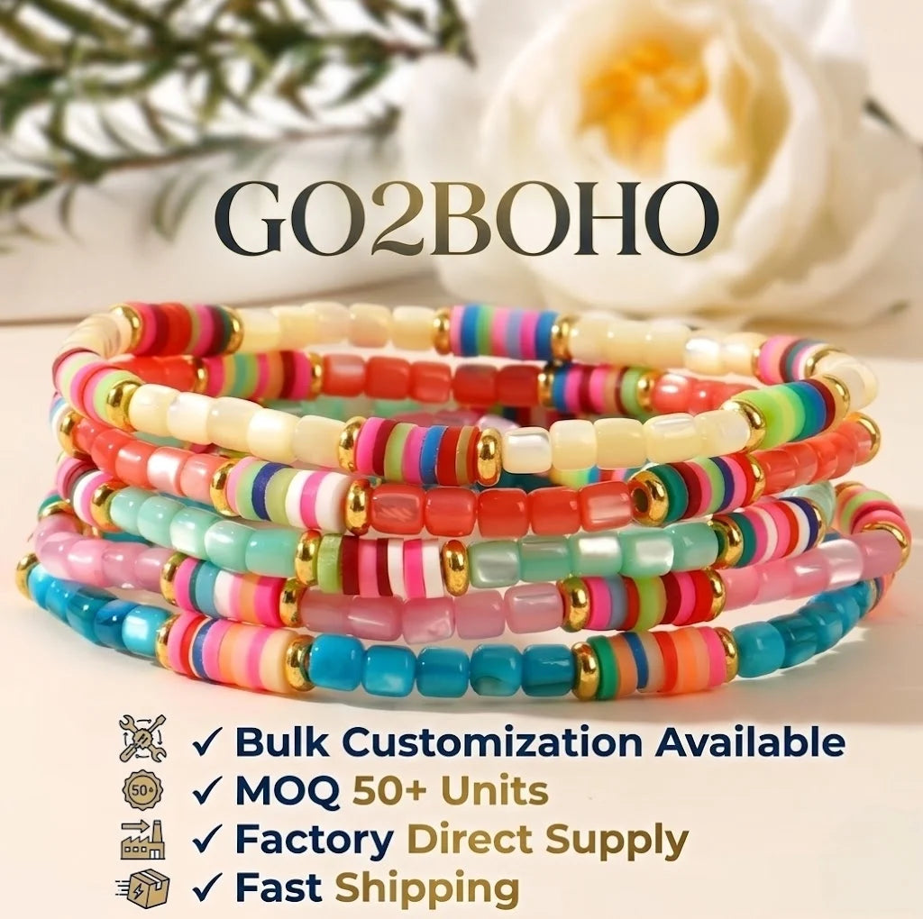 Go2boho Wholesale Fashion Handmade Jewelry Multicolor Shell Beads Heishi Polymer Clay Stretch Beaded Bracelets for Women Gifts