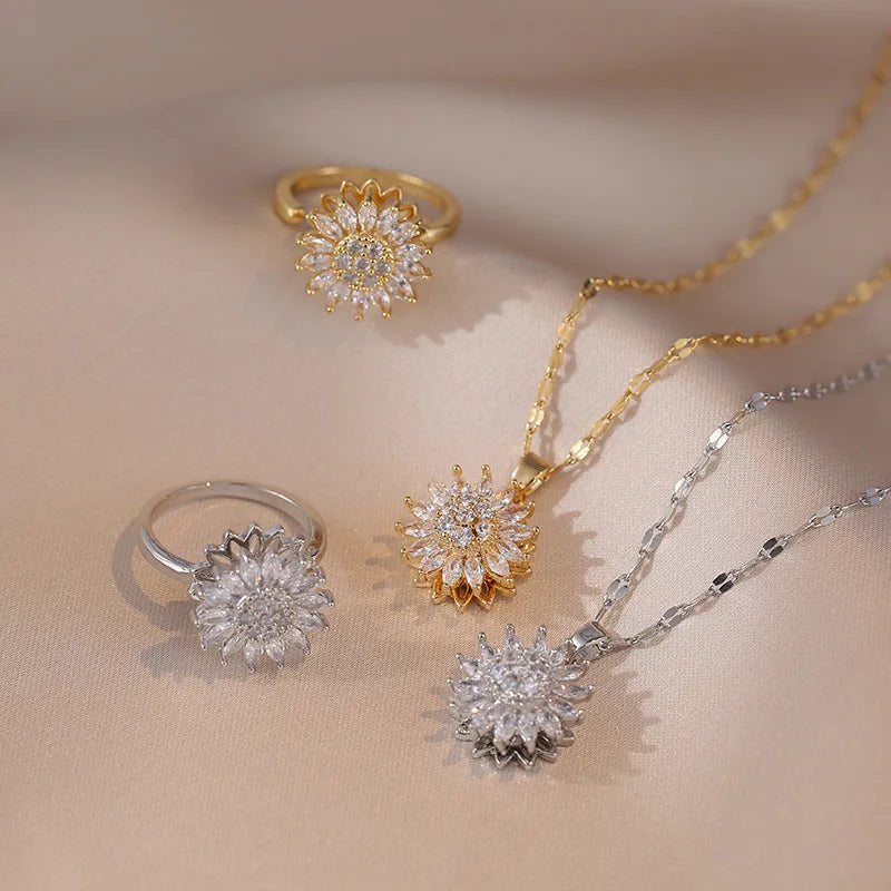 Wholesale 18k Gold Plated Diamond Women Rotating Stainless Steel Necklaces Earrings Rings Wedding Jewelry