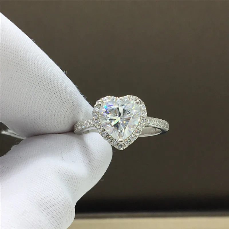 Silver 925 Original 2 Carat Excellent Cut Diamond Test Past Sparkling D Color Heart Moissanite Ring Brilliant Gemstone Jewelry