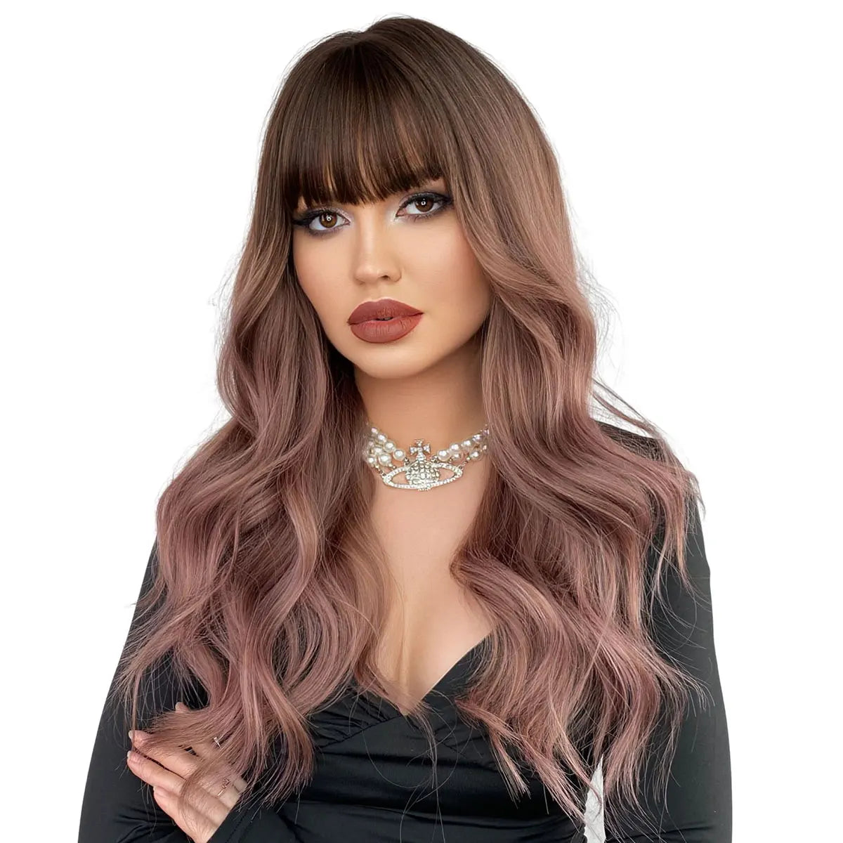 Ombre Red Pink Wig with Bang Curly Hair Wigs for Women Synthetic Hair Heat Resistant 26 Inches Luxury Synthetic Hair Piruca