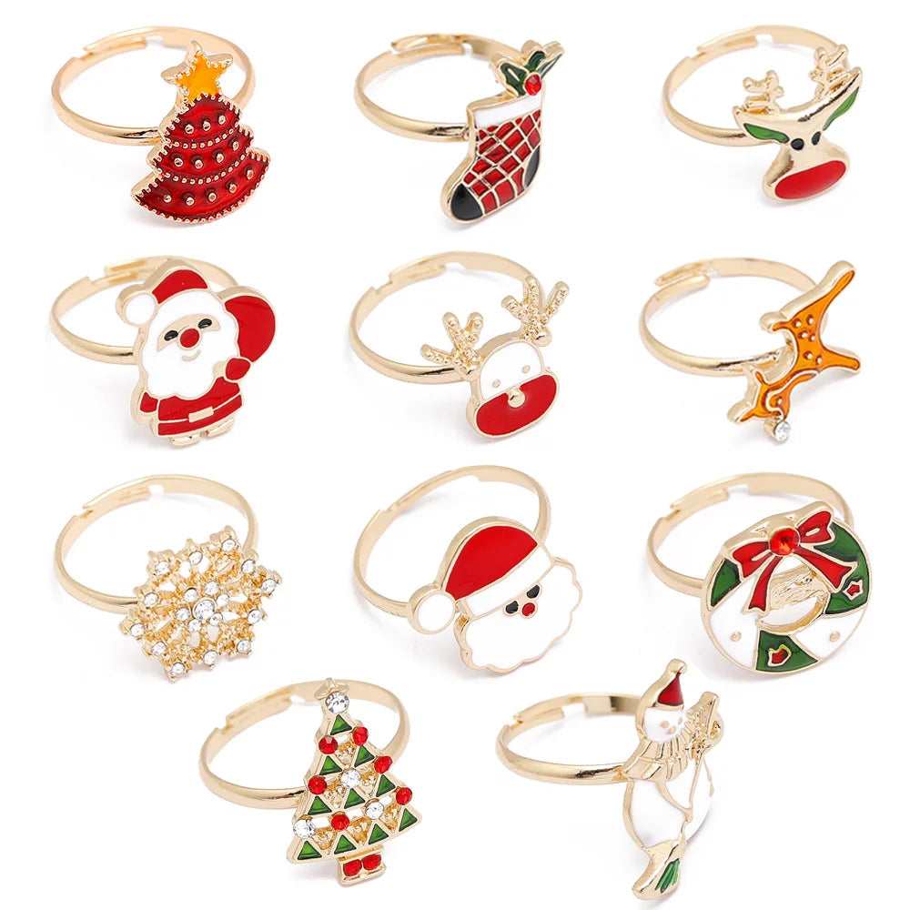 Children Christmas Ornaments Cute Cartoon Snowman Elk Snowflake Ring for Women Happy New Year Party Jewelry Opening Crystal Ring