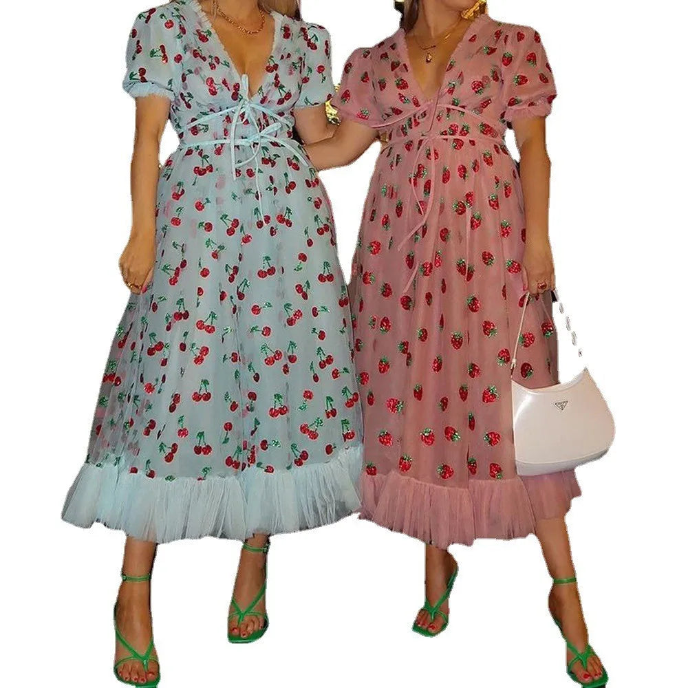 Wholesale Fashion Short Sleeve Strawberry Mesh Sequin Evening Dress Lace up Long Dresses for Women