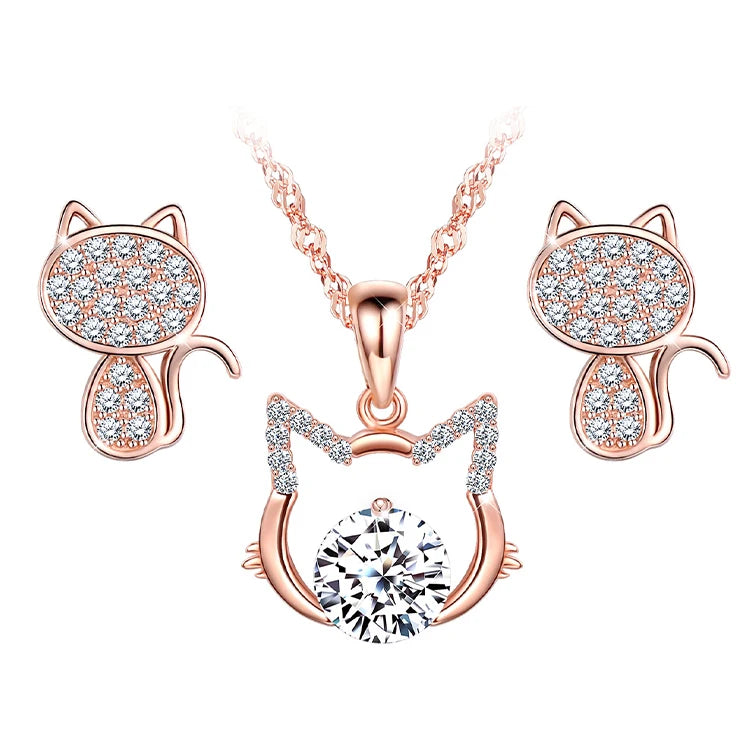 925 Sterling Silver Zircon Jewelry Sets Cat Necklaces Stud Earrings Rose Gold Cute Style for Wedding Gift Engagement Anniversary