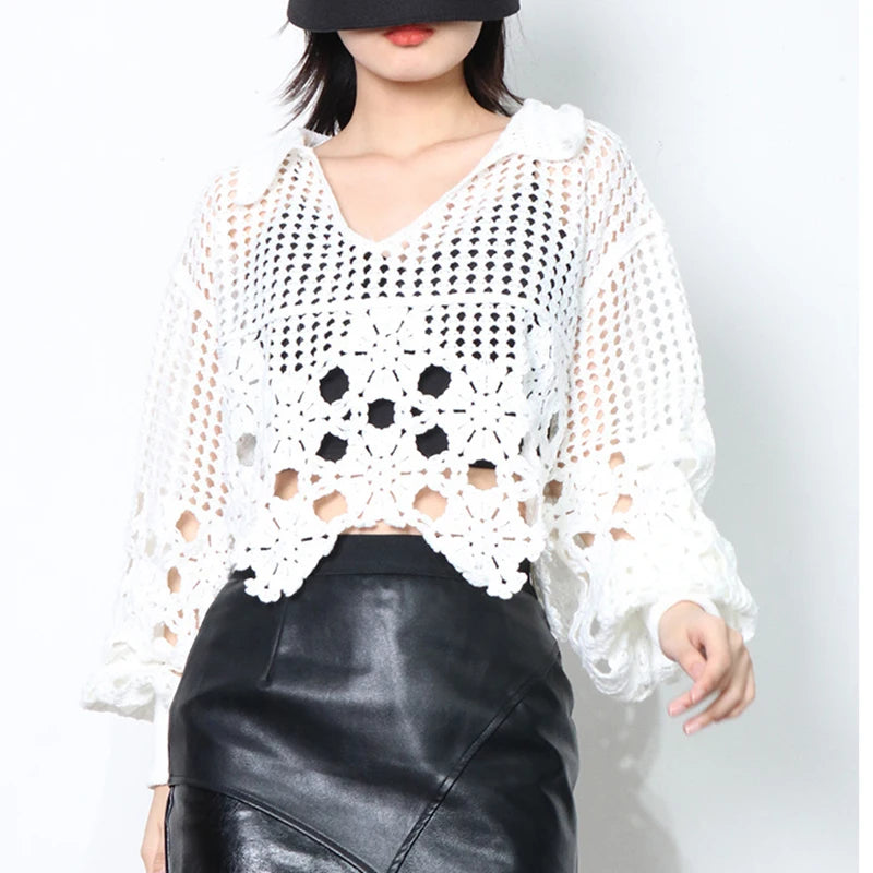 TWOTWINSTYLE Hollow Out V Neck Long Sleeve Elegant Blouses Knitted Blouse Women Casual Top