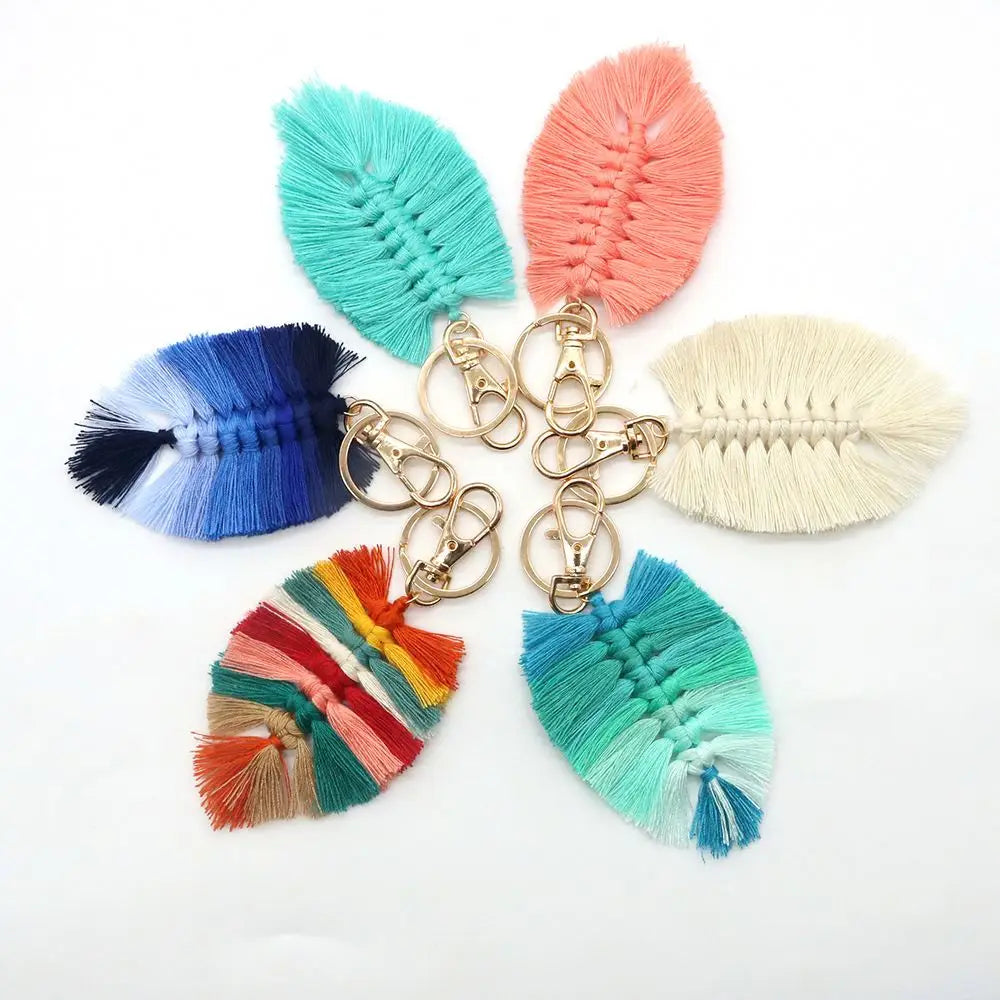 Macrame Woven Key Chains Leaf Boho Decor Bag Charm Pendant Keyring Bohemian Handmade Weaving Leaf Boho rainbow Tassel Key Chain