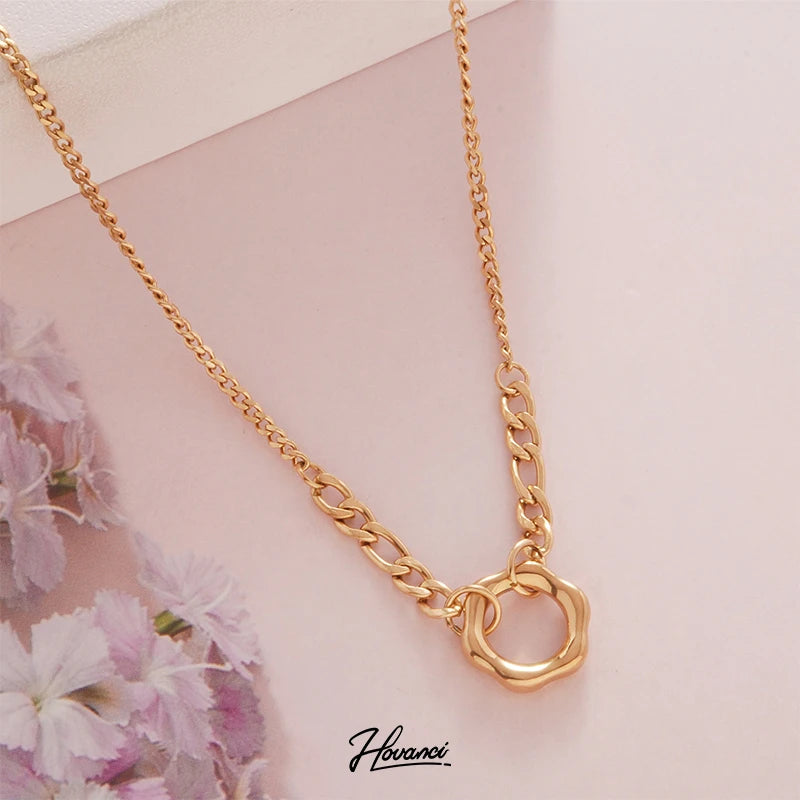 HOVANCI 18k Gold-Plated Stainless Steel Necklace Irregular Circular Pendant O Circle Shape Flower Thin Chains for Wedding Gift