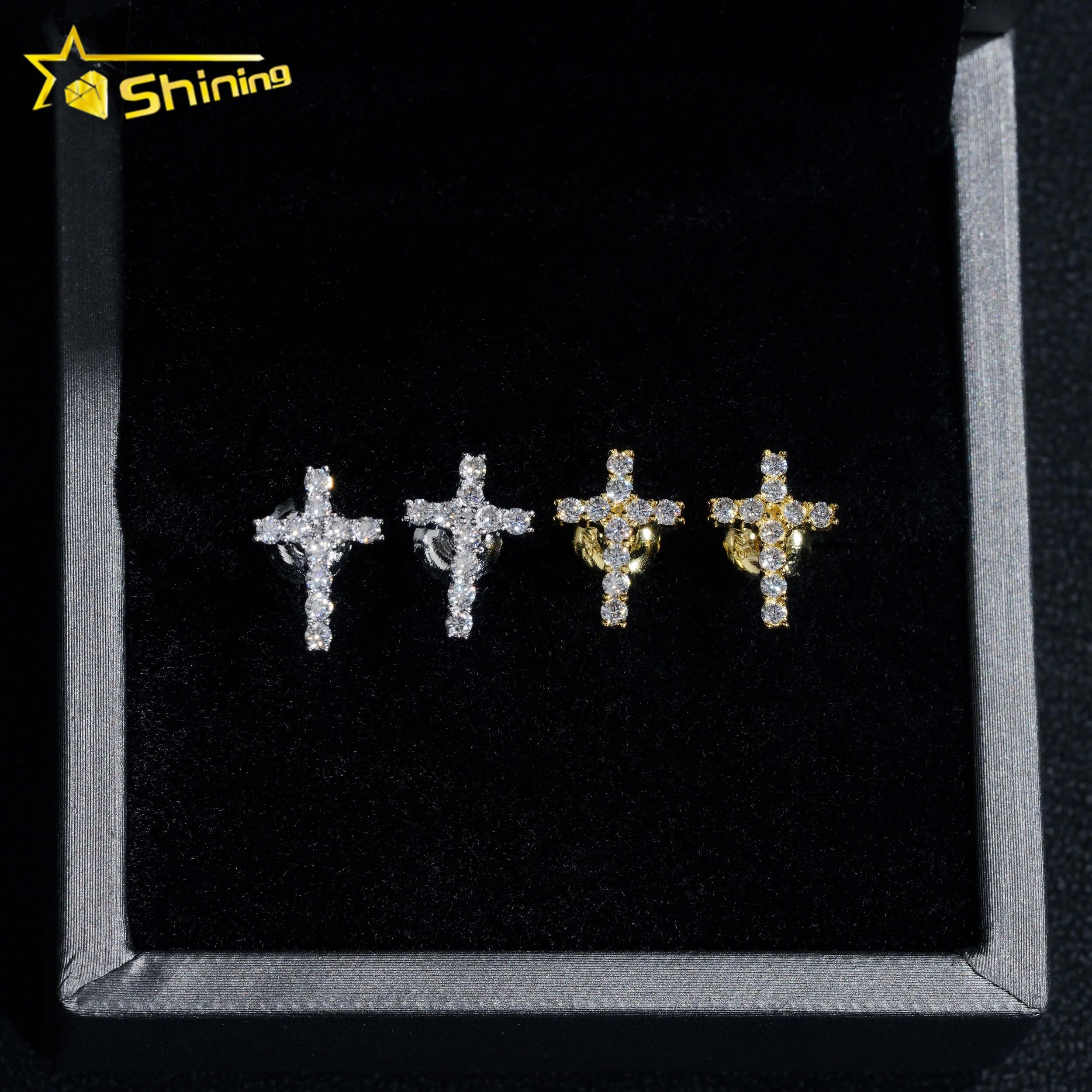 Factory Directly Low Price 18k Gold Plated Silver Moissanite Diamond Mens Cross Studs Earrings