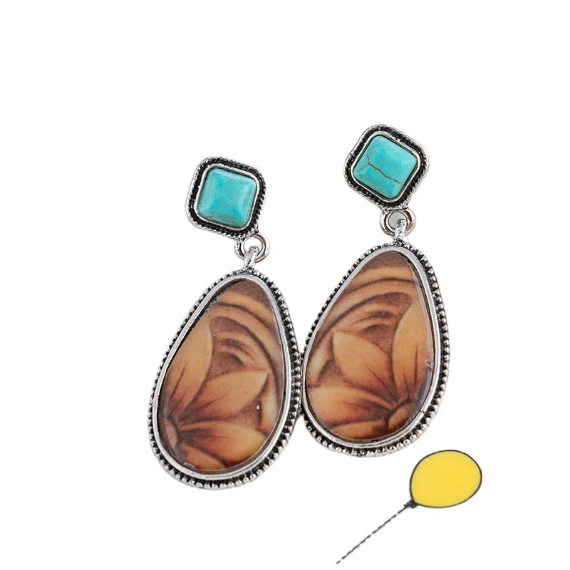 European Hot Sale Ethnic Luxury Jewelry Square Turquoise Stud Earrings Silver Plated Sun Flower Waterdrop Earring for Women