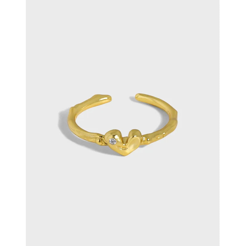Niche Finger Adjustable Heart Statement 925 Minimalist Sterling Silver Zircon Band Ring