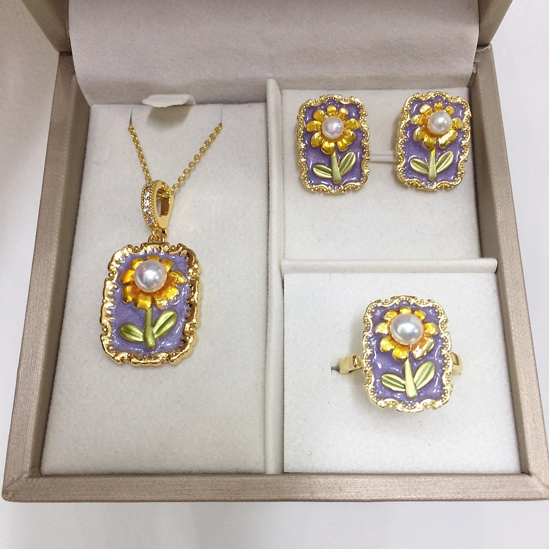 Sunflower Vintage Oil Painting Style Natural Freshwater Pearl Necklace Earrings Ring Jewelry Set