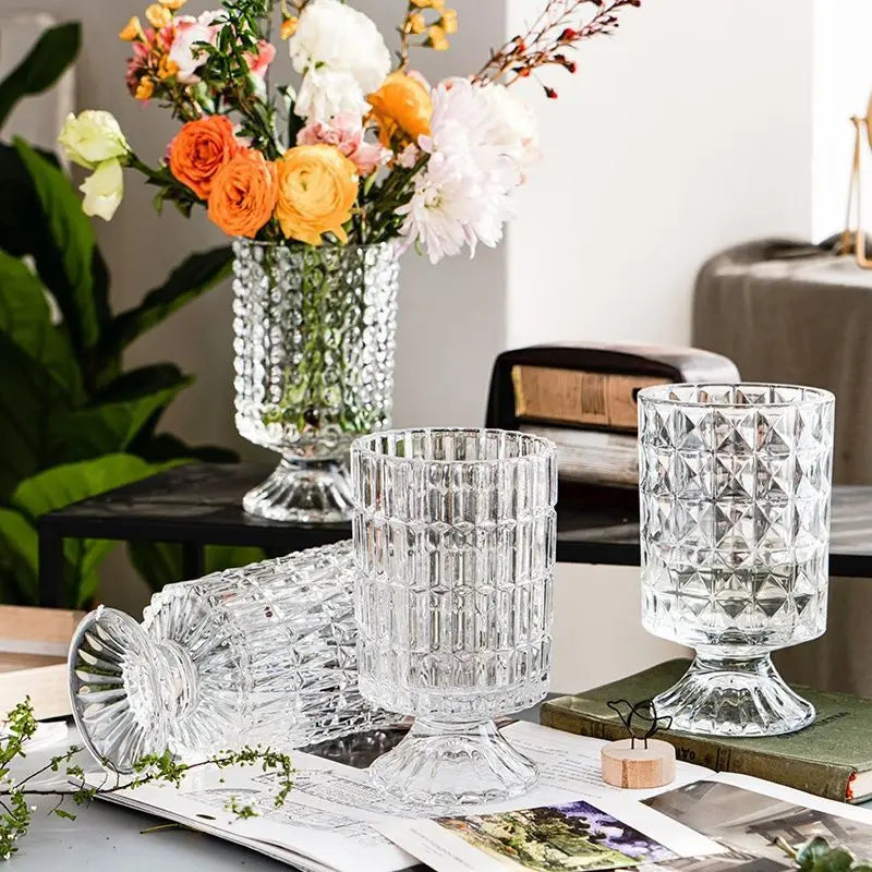 Modern Simple Style Crystal Clear Cylinder Glass Vase Embossed Luxury Retro Handmade Eco-Friendly Tall High-Footed Design