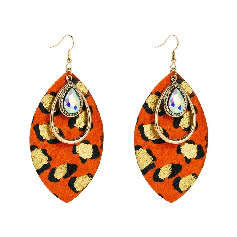 Fashion Designer Zircon Rhinestone Leopard Leather Women Statement Earrings