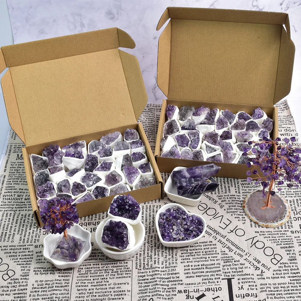 Wholesale Bulk Natural Crystal Rough Stone Amethyst Cluster Amethyst Geode Sit Box for Gift