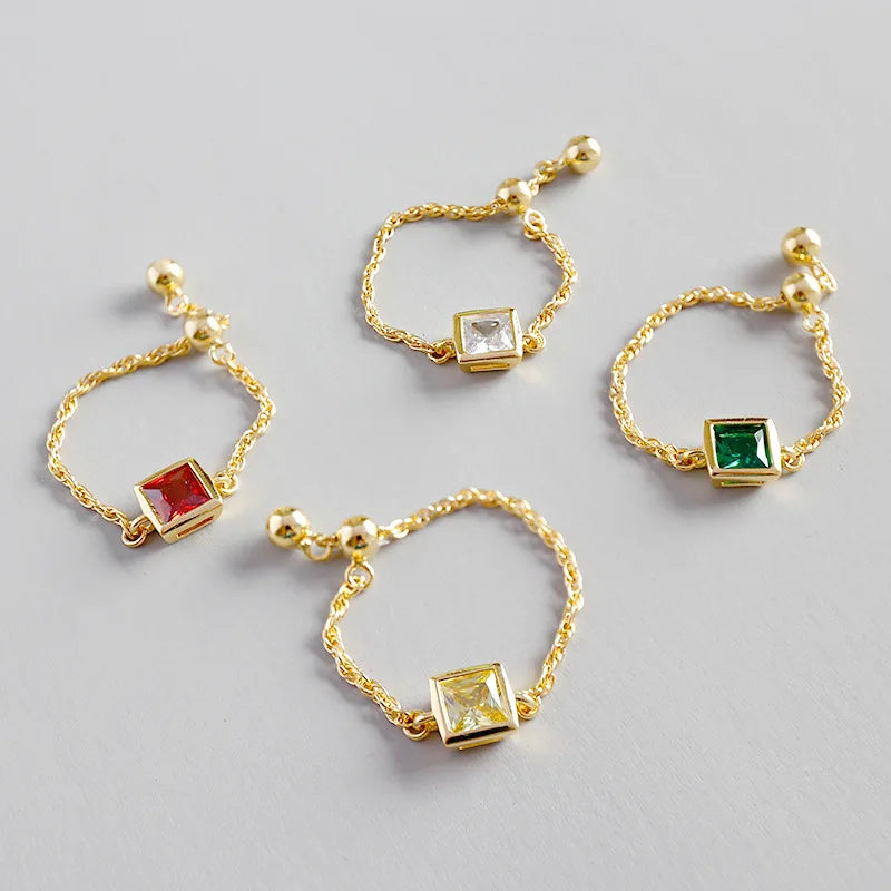 Charm Adjustable Link Chain Ring Customize Delicate Square Cubic Zirconia 925 Sterling Silver Gold Rings