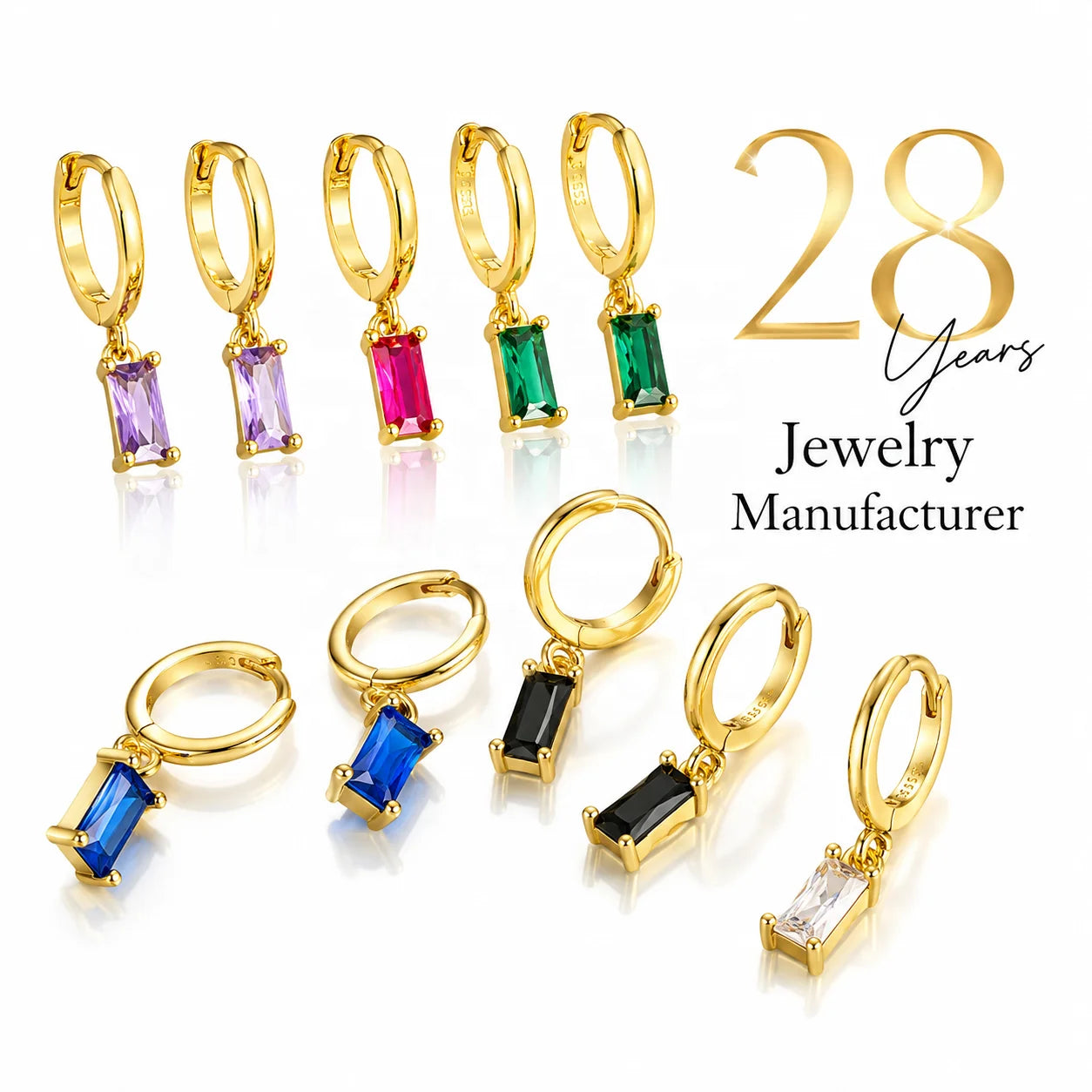 Fashion Baguette Zircon Huggie Hoop Earrings Brass 18K Gold Plated Birthstone Dangle Unisex Minimalist Anniversary for