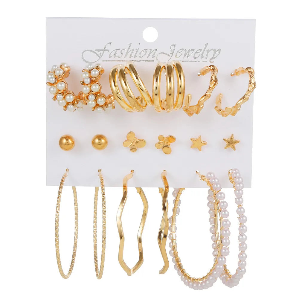 9 Pairs Butterfly Pearl Hoop Earring Set for Women Vintage Braided Pearl Hoop Earrings Metal Geometric Triangle Earrings