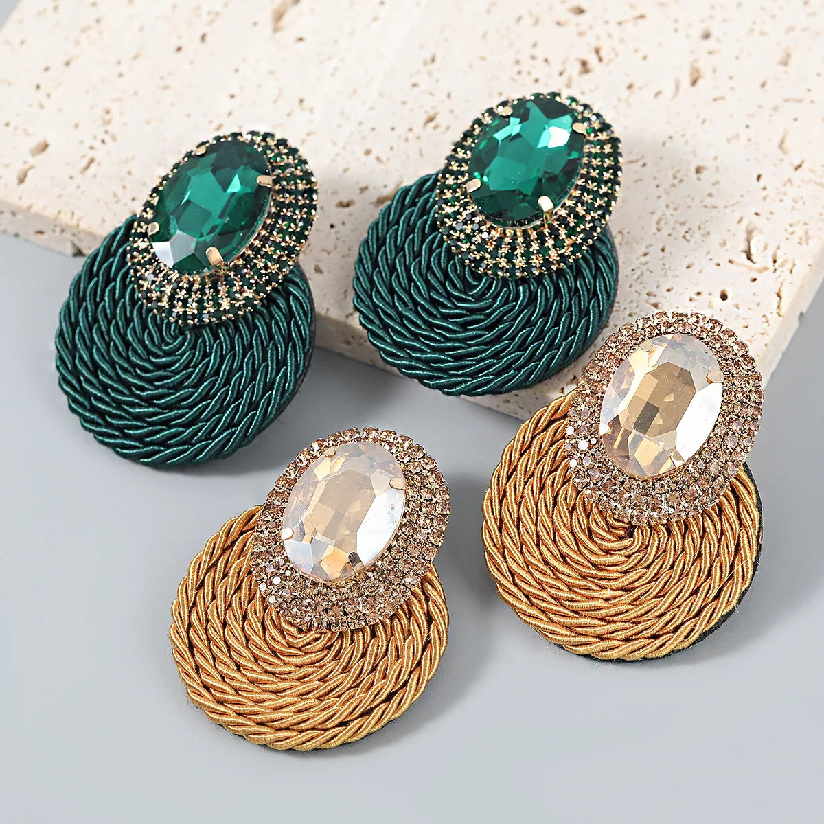 Ethnic Handmade Elastic Thread Winding Braided Earring Personalized Retro Glass Drill Earrings