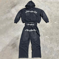 Custom Screen Printing Hip Hop Streetwear Vintage Sun Washed Rhinestones Zip up Boxy Hoodie Double Wasted Flare Sweatpants Set