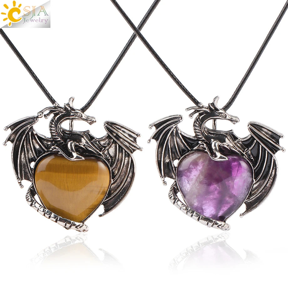 CSJA Vintage Dragon Men Amulet Necklace Pterosaur Natural Stone Tiger Eye Heart Crystal Pendant for Jewelry Making H237