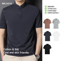 Men's Solid Casual Versatile Knitted Breathable Cotton Silk Blend Comfortable Stand Collar Button Front Short Sleeved Shirt