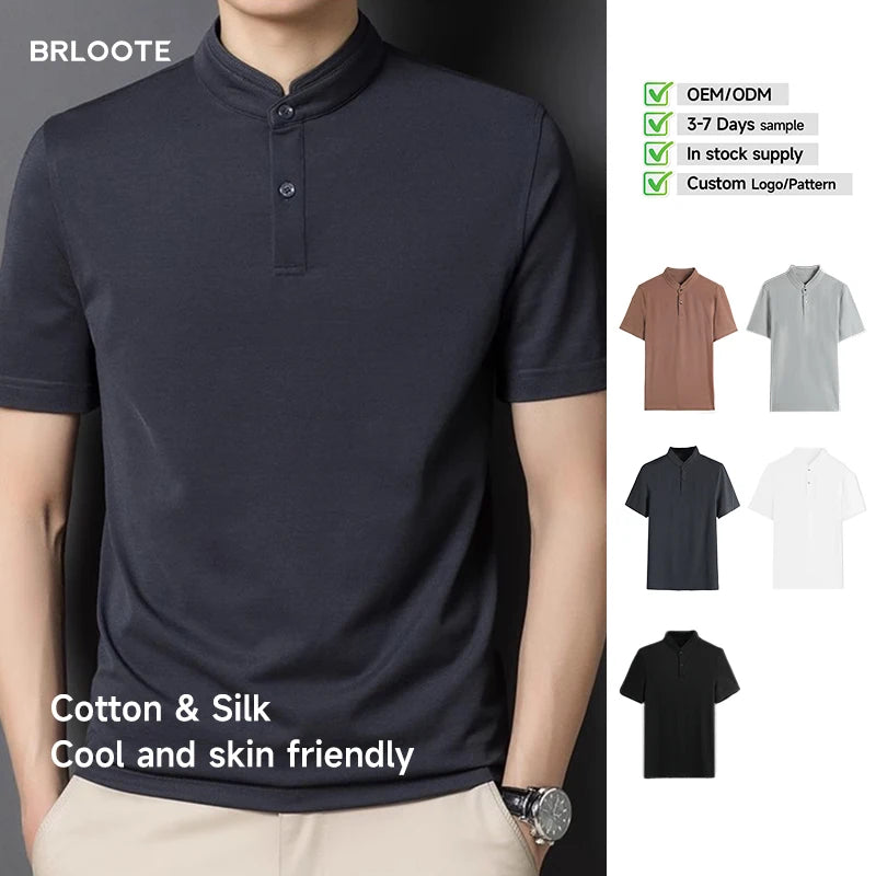 Men's Solid Casual Versatile Knitted Breathable Cotton Silk Blend Comfortable Stand Collar Button Front Short Sleeved Shirt