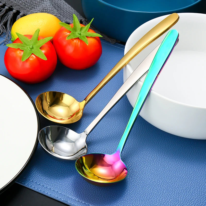 HUIYI Modern Kitchen Stainless Steel Long Handle Soup Serving Spoon Gold Cutlery Cooking Ladle Home Restaurant Customized Laser
