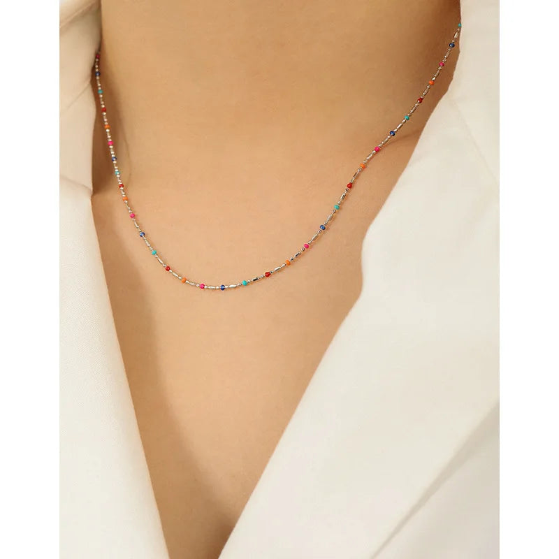 Colorful Glue Beaded Clavicle Chain Trendy Women Jewelry 925 Sterling Silver Necklace Bracelet Set