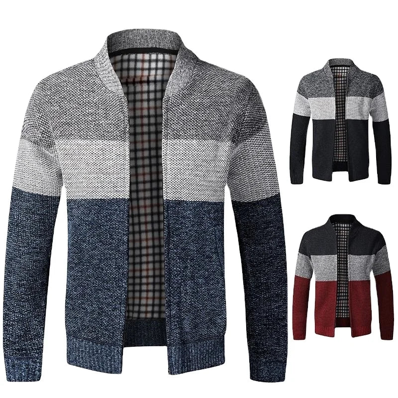 Autumn Winter Men's Long Sleeve Stand Collar Sweater Custom Logo OEM Thick Warm Zipper Jacket Coat Fleece Weave Knitted Sweater