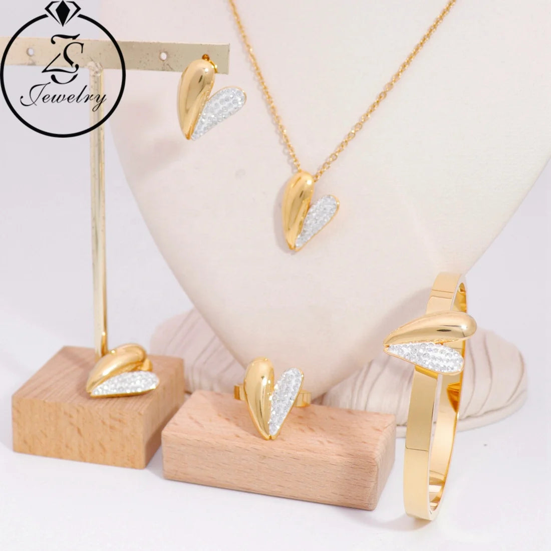 Heart Shaped Women's Stainless Steel Earrings and Necklaces Set 4-Piece Gift with Zircon Heart Pendant Bangle for Wedding