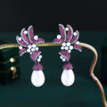 Glamorous Fuchsia Red Cubic Zirconia Pave Flower Leaf Long Dangle Drop Pearl Party Wedding Earrings for Women 2021