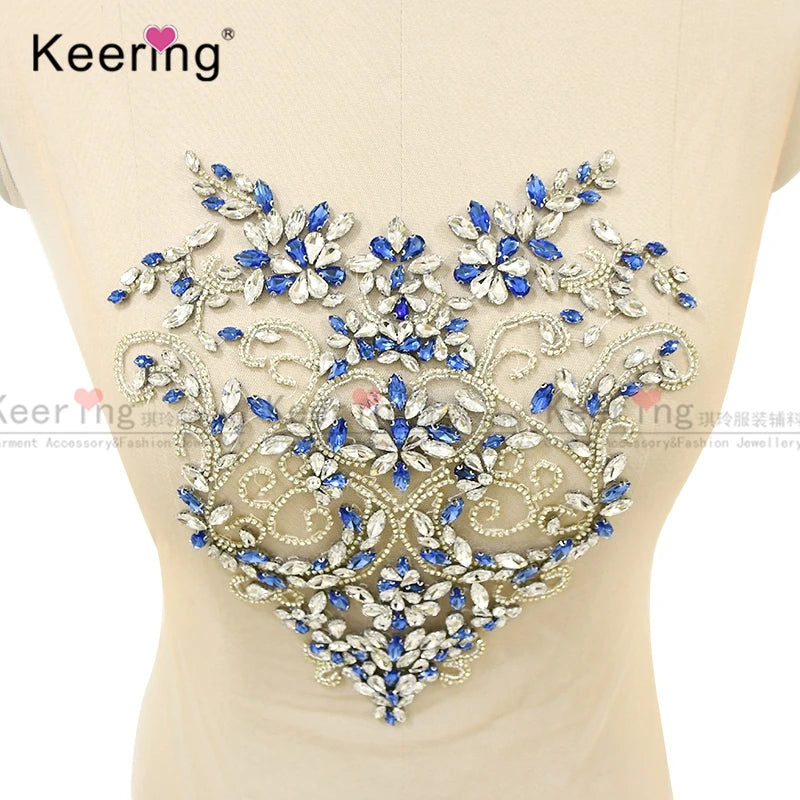 Beautiful Sewing on Mesh clear and Blue Stone Tulle Embellished Rhinestone Patch Applique WDP-111