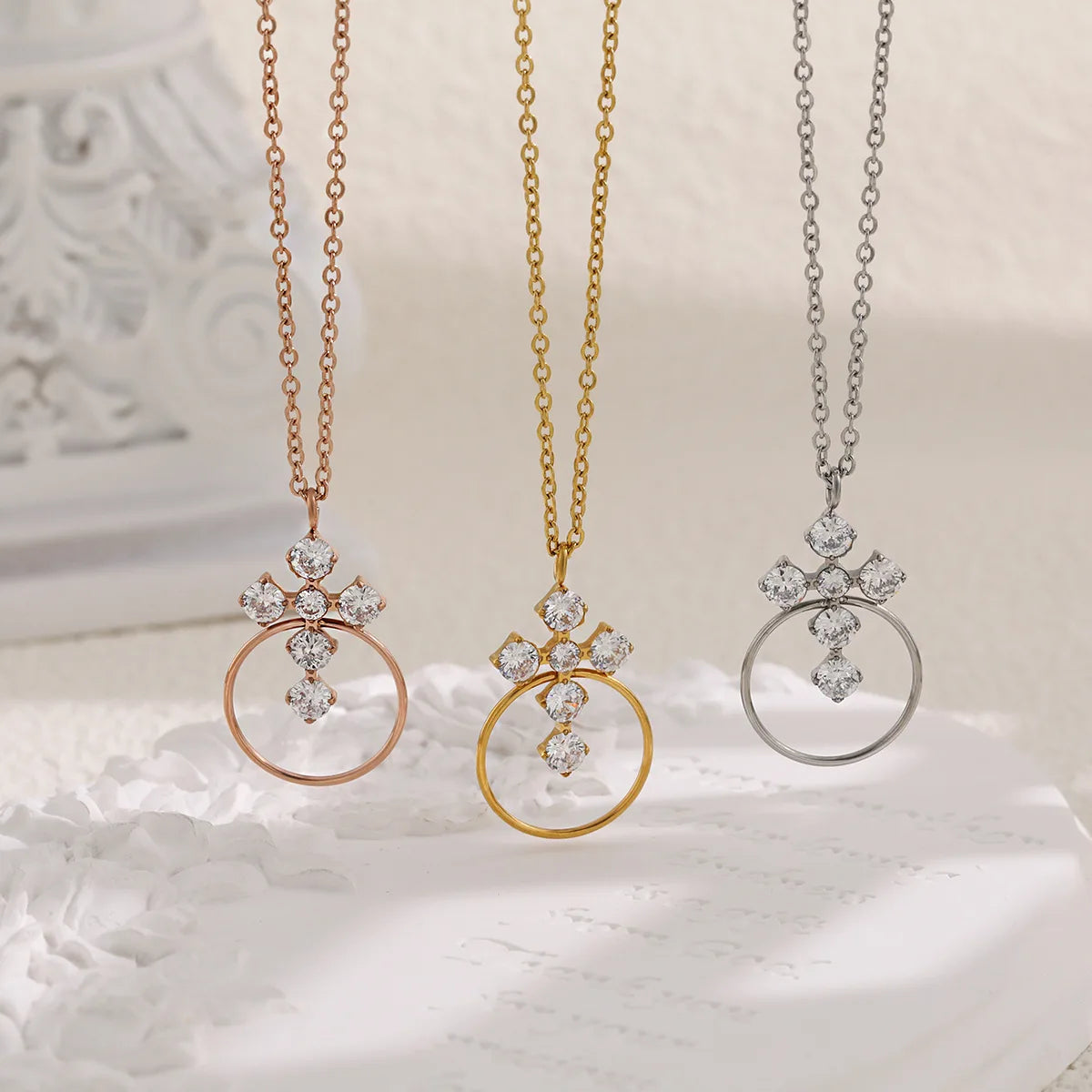 Female Stylish Popular Inlaid Stainless Steel Cross Pendant Necklace PVD Gold Plating Jewelry