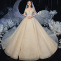Off Shoulder Lace up Back All Shiny Champagne Ball Gown Wedding Bride Dresses