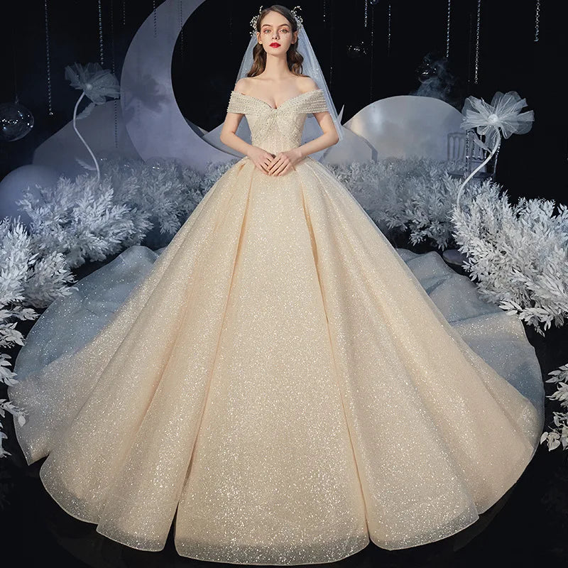 Off Shoulder Lace up Back All Shiny Champagne Ball Gown Wedding Bride Dresses