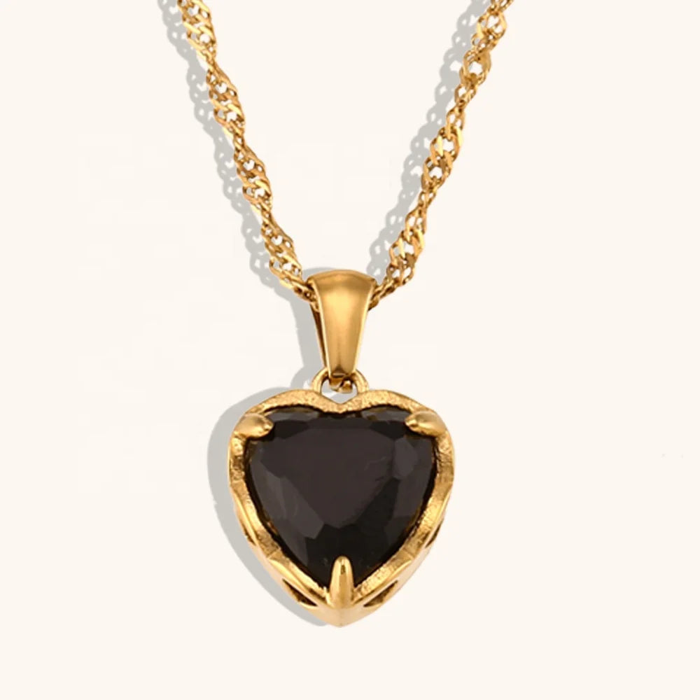 Wholesale Stainless Steel 18k Gold Plated Jewelry Chain Necklace White Black Zircon Heart Shape Pendant Necklace for Women