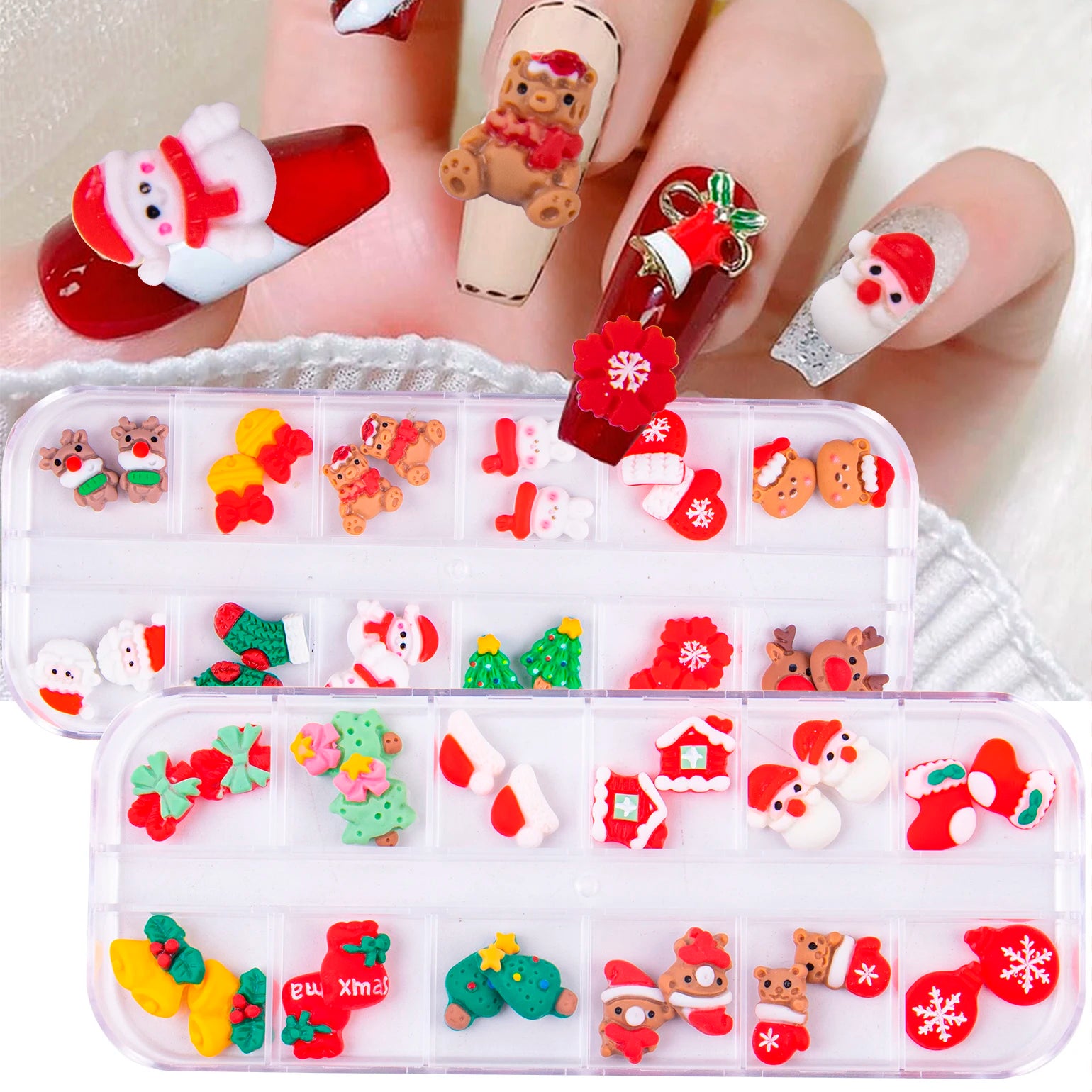 Christmas Nail Art Supplies Resin Santa Claus Elk 3D Cartoon Xmas Bell Sock DIY Nail Accessories