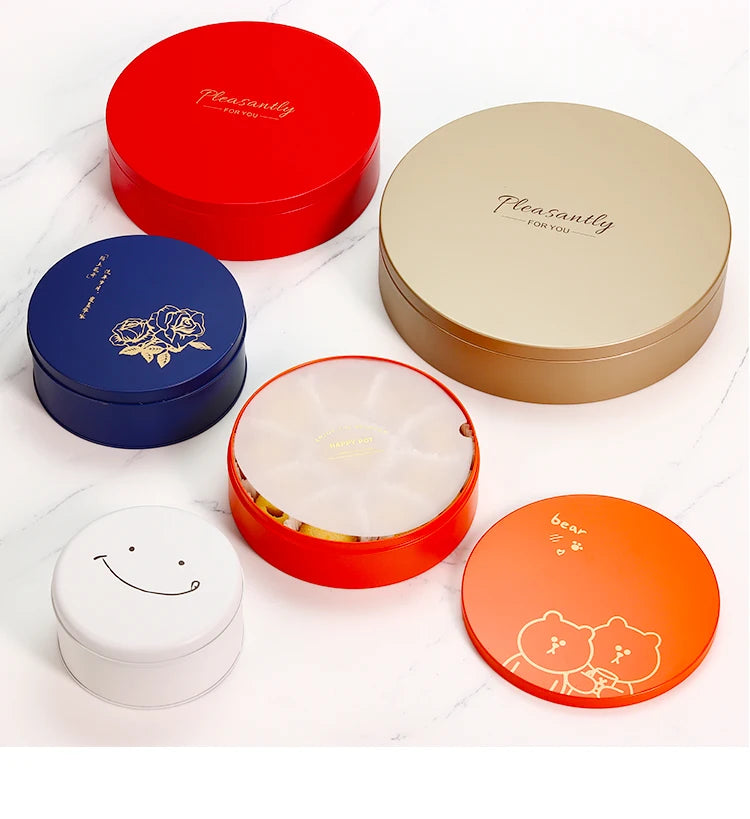 Custom Logo Round Cylinder Metal Tinplate Cookie Box Recyclable Bakery Packaging for Cake Snacks Bread Chocolate Pet Food