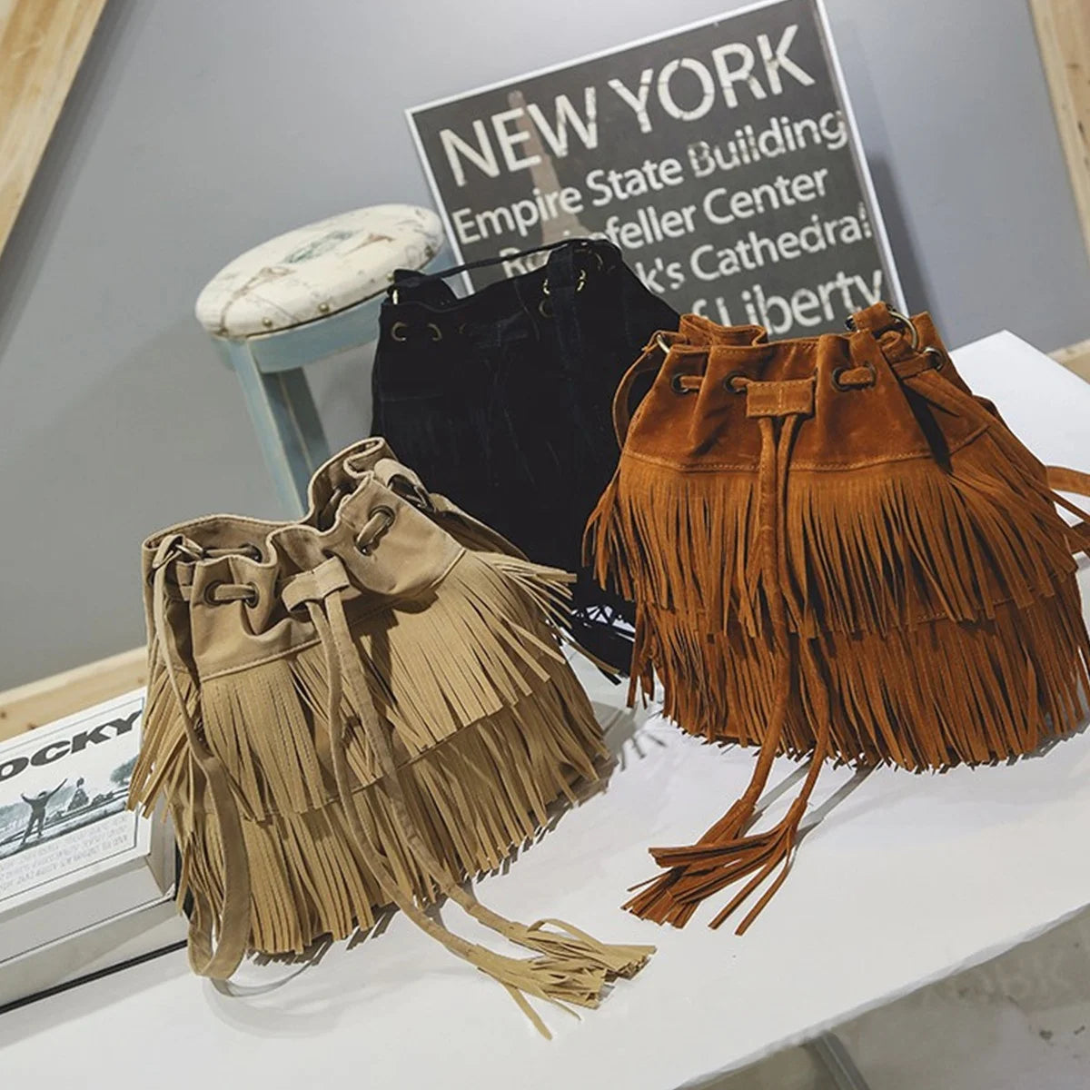 Womens Vintage Solid Fringe Messenger Shoulder Tassel Bag Faux Suede Handbag Crossbody Satchel New
