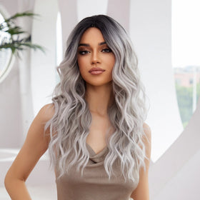 Factory Shipment Synthetic Hair Long Water Wave Ombre Dark Root to Grey Color Middle Part Wigs for Women Natural Heat Resistant