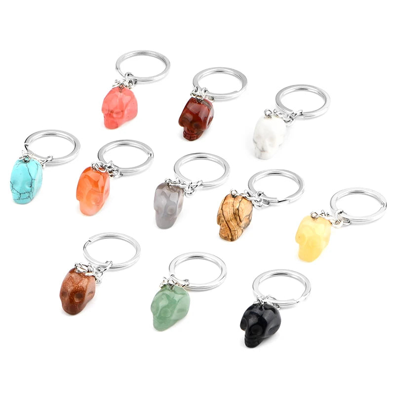 Wholesale Folk Crafts Gemstone Natural Mixed Quartz Skulls Stone Crystal Keychain for Gift
