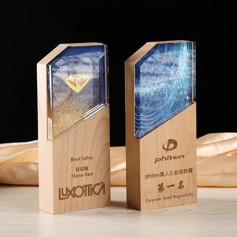Personalized Plaque Crystal Trophy with Wooden Base  MH-NJ0192