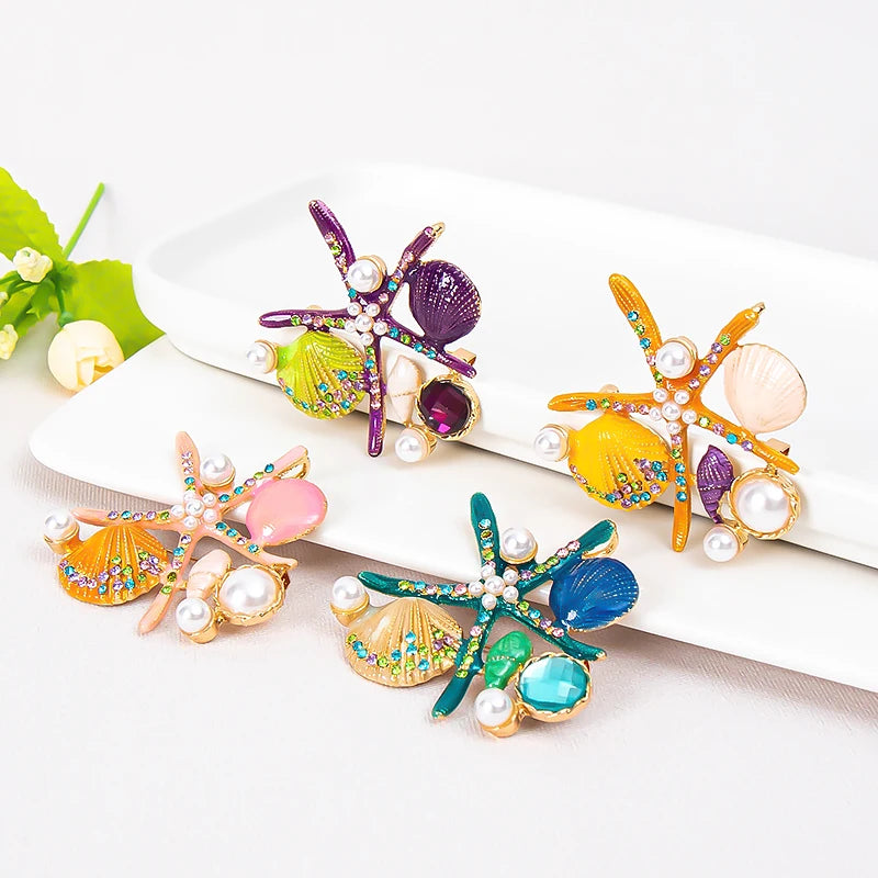Summer Jewelry Diamond Shell Starfish Brooch Pearl Rhinestone Crystal Starfish Broches Pins Brooches Women