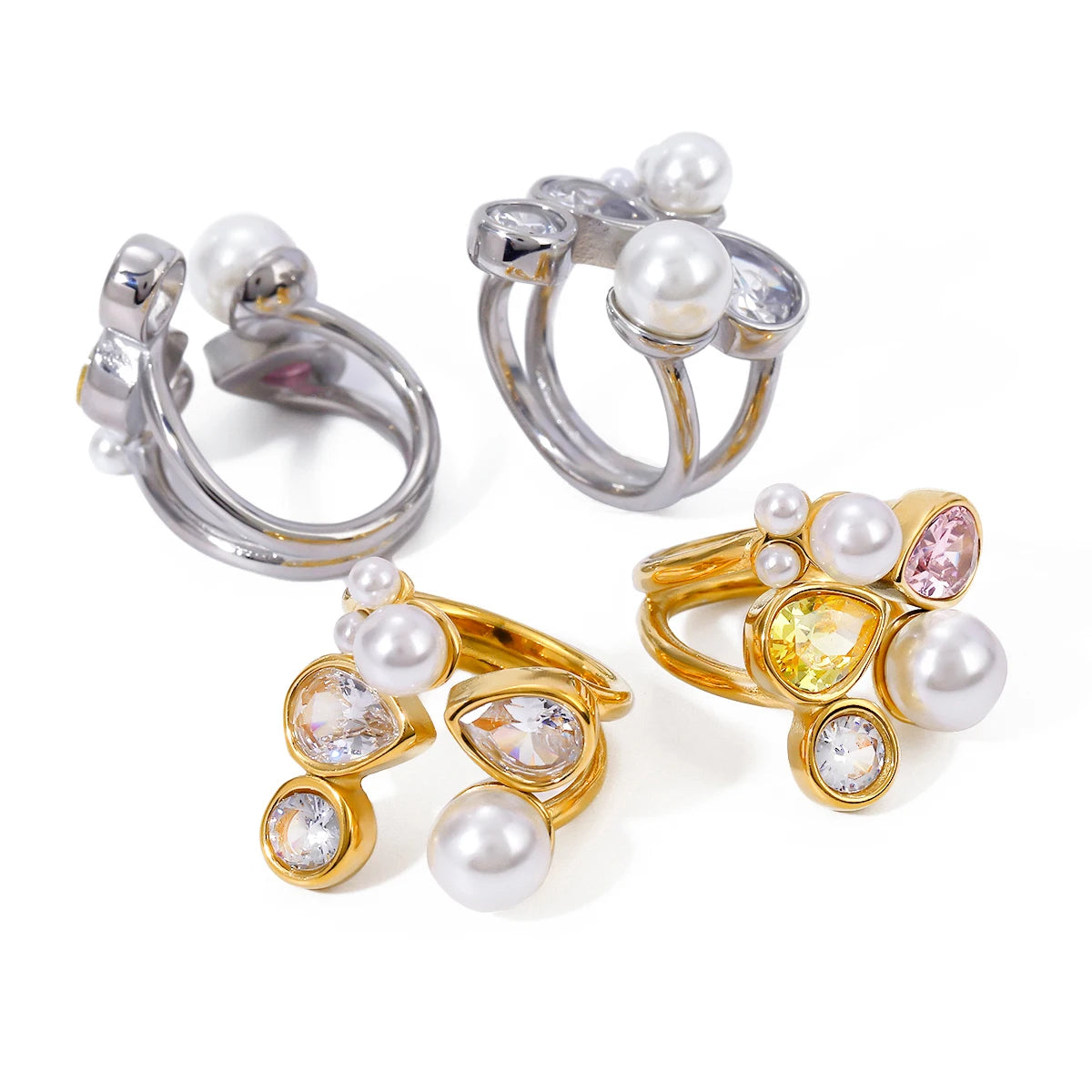 J&D18K Gold IP Plateding Stainless Steel  Irregular Crystal Round Teardrop Pearl Zircon Ring for Women