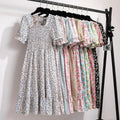 Summer Bohemian Pleated Women Chiffon Dresses Casual Beach Holiday Short Sleeve Square Collar Woman Midi Dress